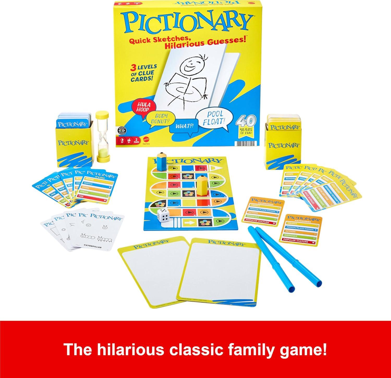 imageMattel Games Pictionary Family Board Game for Kids Adults and Game Night for 2 Teams with Erasable Markers Boards and Sand TimerOriginal