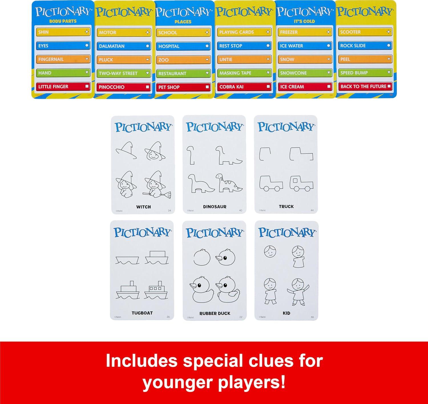 imageMattel Games Pictionary Family Board Game for Kids Adults and Game Night for 2 Teams with Erasable Markers Boards and Sand TimerOriginal