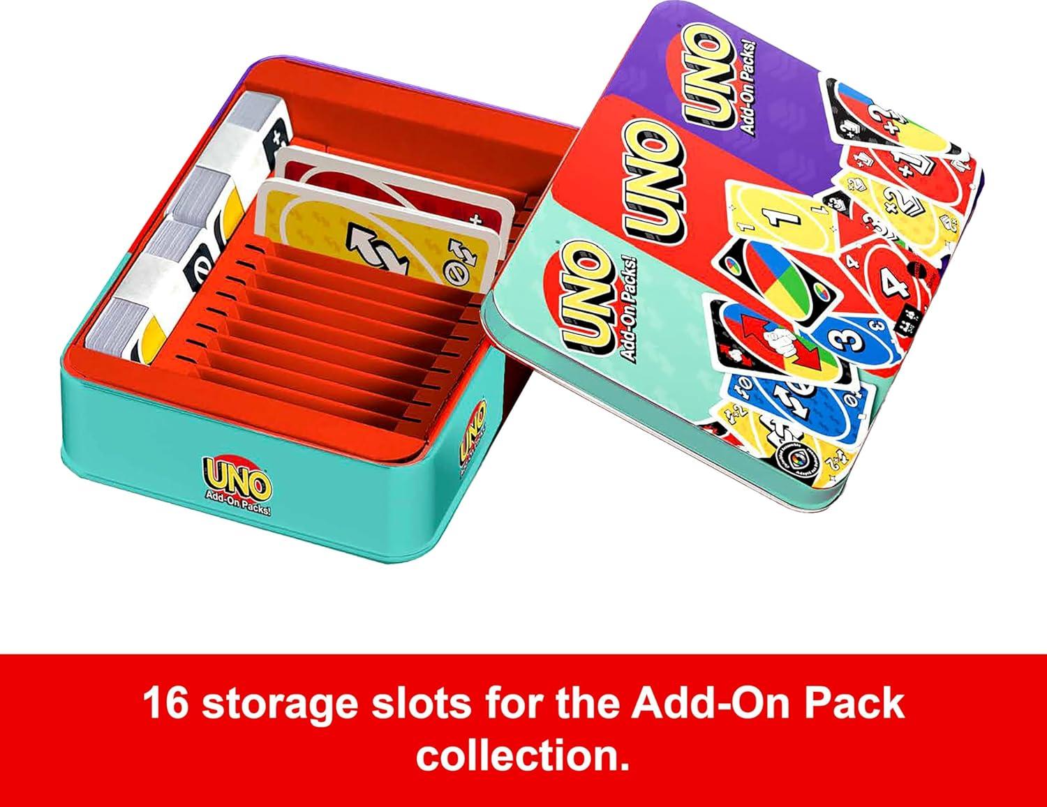 imageMattel Games UNO Card Game with 2 Add On Packs amp Collectible Tin for Kids Adults amp Family Game Night 2 to 10 Players Amazon ExclusiveUNO wAddOn Reverse Stack Packs