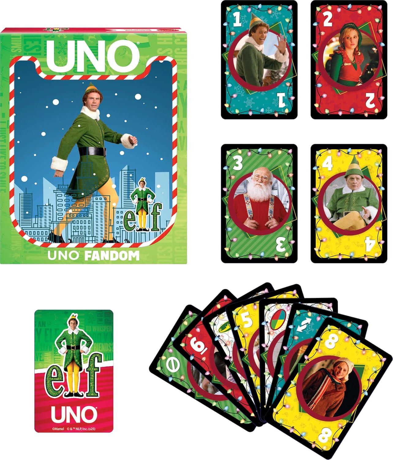 imageMattel Games UNO Fandom Elf Card Game for Kids Adults amp Families Deck Includes Collectible Foil with Images from The Movie