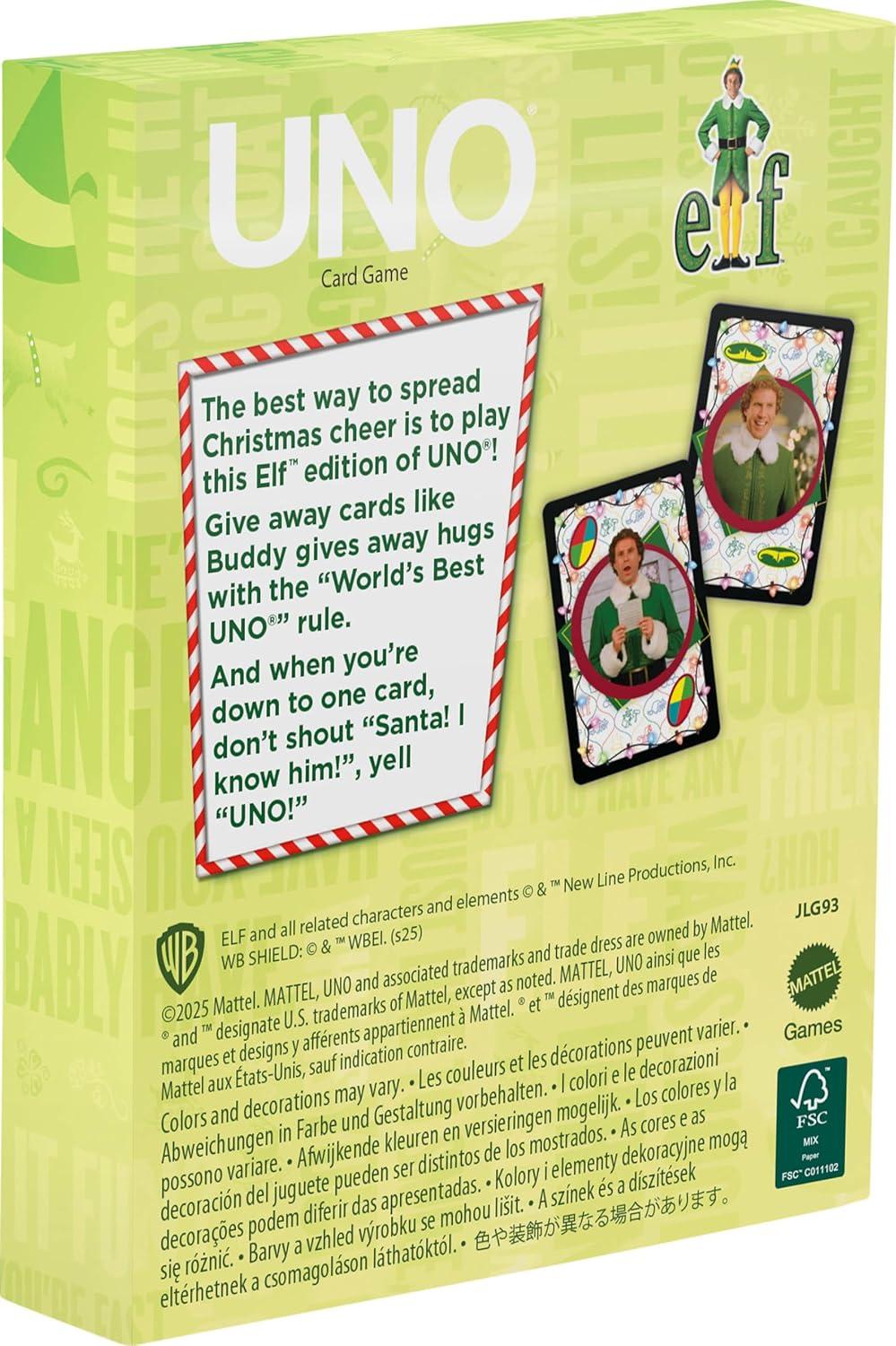 imageMattel Games UNO Fandom Elf Card Game for Kids Adults amp Families Deck Includes Collectible Foil with Images from The Movie