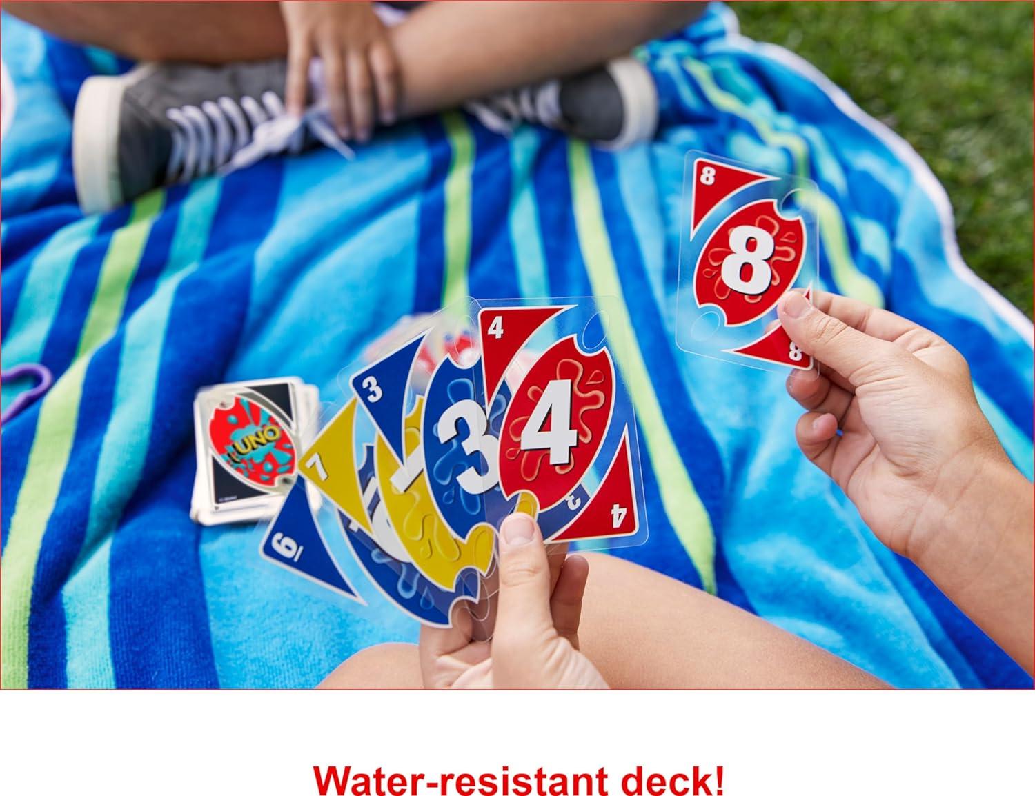 imageMattel Games UNO Splash Card Game with Waterproof Cards and Portable Clip for Travel Camping and Game Nights AwayUno Splash