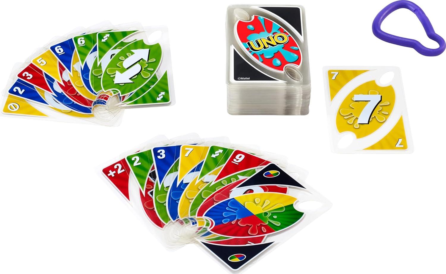 imageMattel Games UNO Splash Card Game with Waterproof Cards and Portable Clip for Travel Camping and Game Nights AwayUno Splash