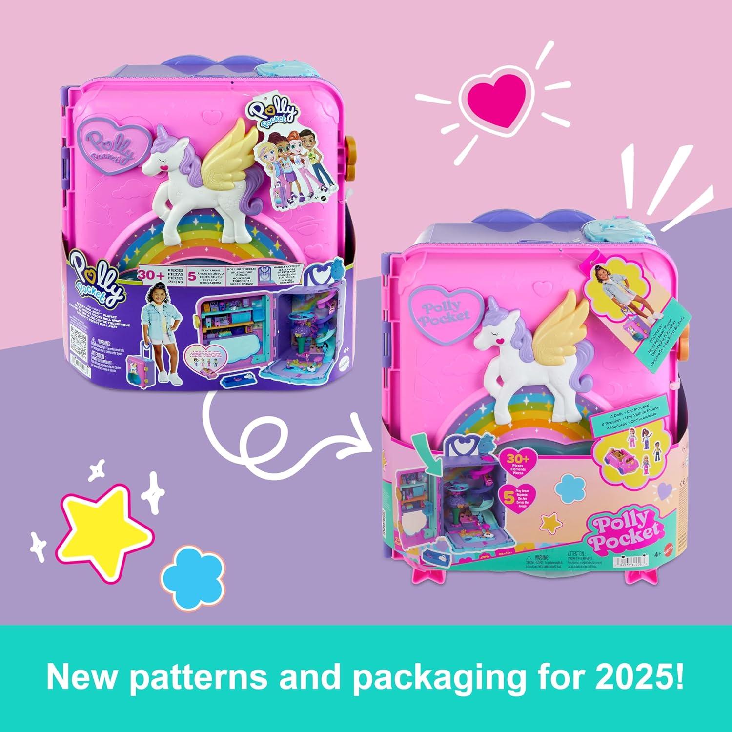 imagePolly Pocket Dolls Playset and Travel Toys 4 Dolls 1 Vehicle 25 Accessories Resort Roll Away Amazon Exclusive