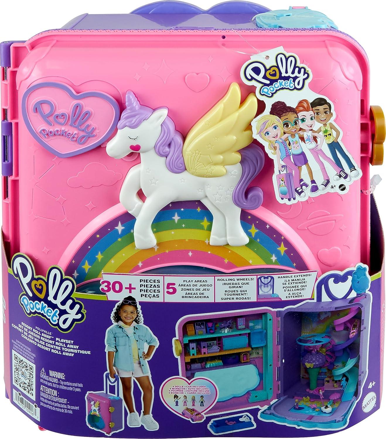 imagePolly Pocket Dolls Playset and Travel Toys 4 Dolls 1 Vehicle 25 Accessories Resort Roll Away Amazon Exclusive