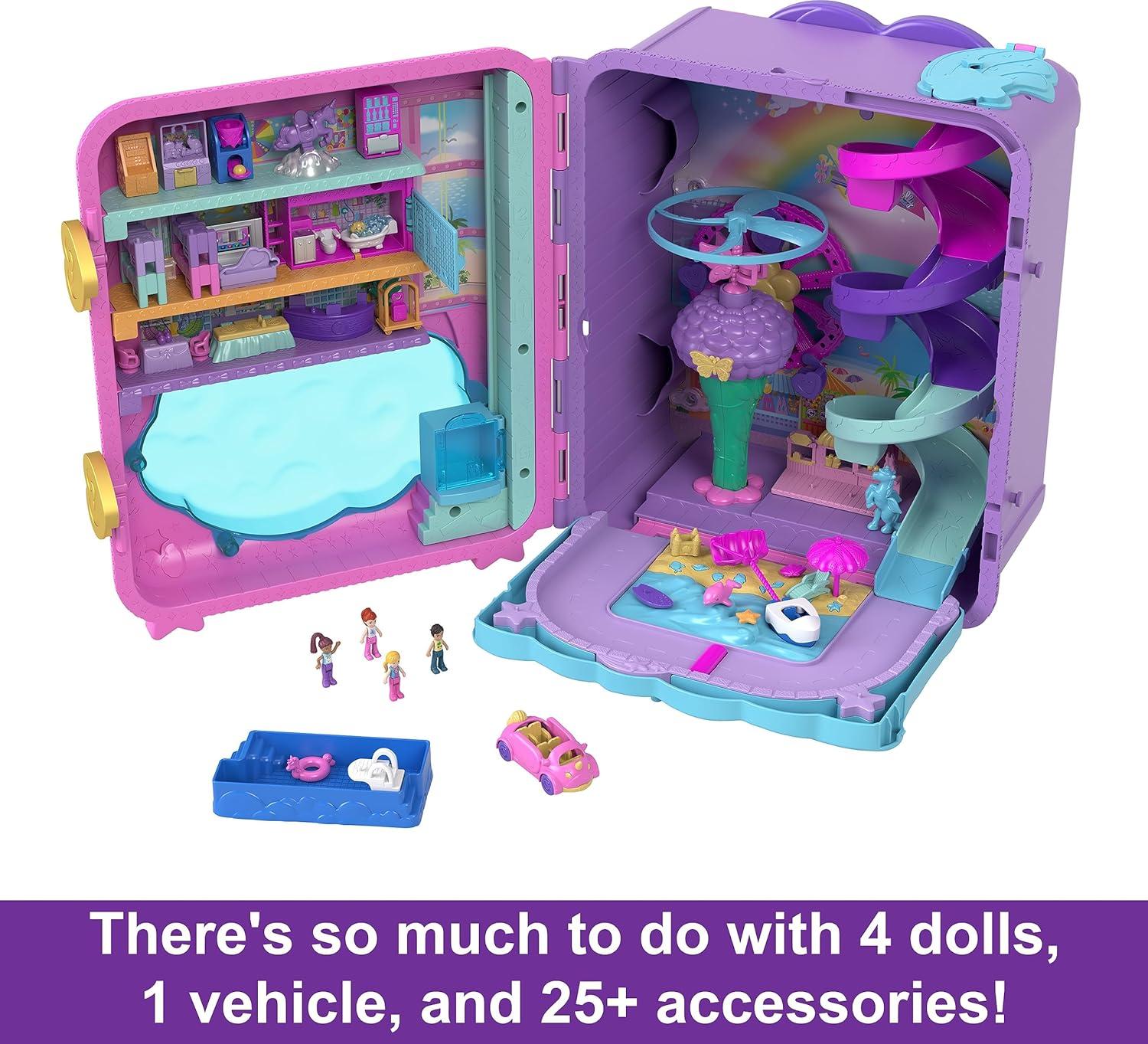 imagePolly Pocket Dolls Playset and Travel Toys 4 Dolls 1 Vehicle 25 Accessories Resort Roll Away Amazon Exclusive