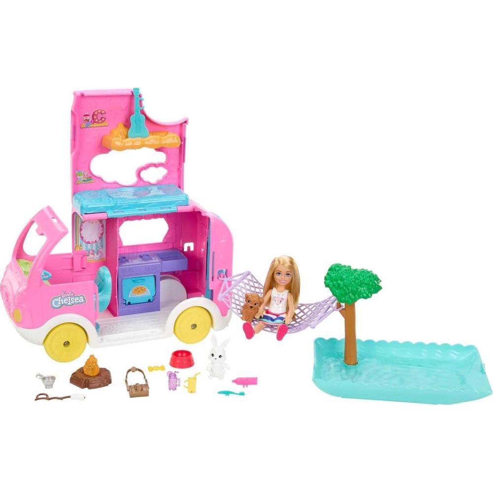 imageBarbie Camper Chelsea 2in1 Playset with Small Doll 2 Pets amp 15 Accessories Vehicle Transforms into Camp Site Amazon Exclusive