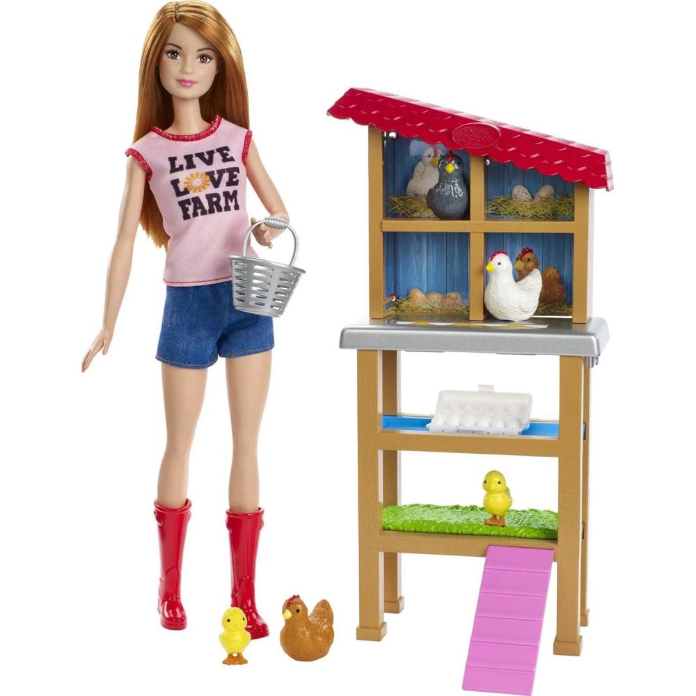 imageBarbie Chicken Farmer Doll RedHaired and Playset with Henhouse 3 Chickens 2 Chicks and More CareerThemed Toy for 3 to 7 Year Olds Amazon ExclusiveBarbie Chicken Farmer Doll Playset