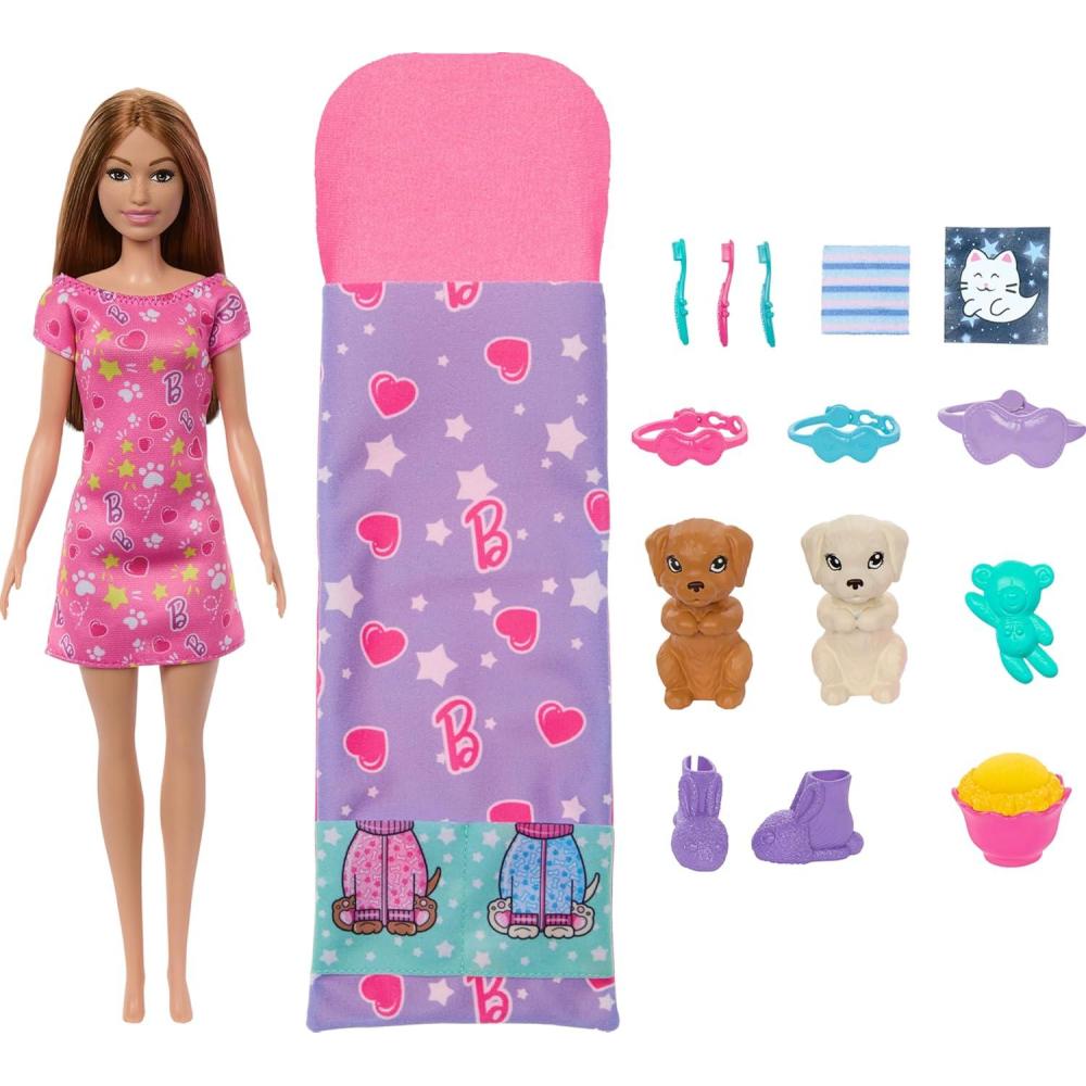 imageBarbie Doll amp Playset with 2 Toy Dog Figures amp 10 Accessories Puppy Slumber Party with ColorChange Feature Sleeping Bag Eye Masks amp More
