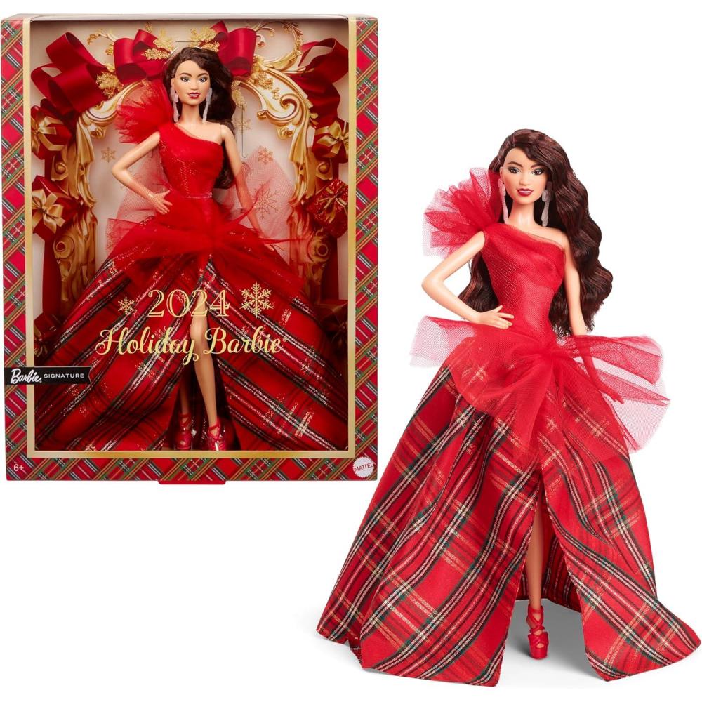imageBarbie Signature 2024 Holiday Dolls Seasonal Collector Gift Plaid Gown with Red Bow Displayable Packaging Dark Brown Hair
