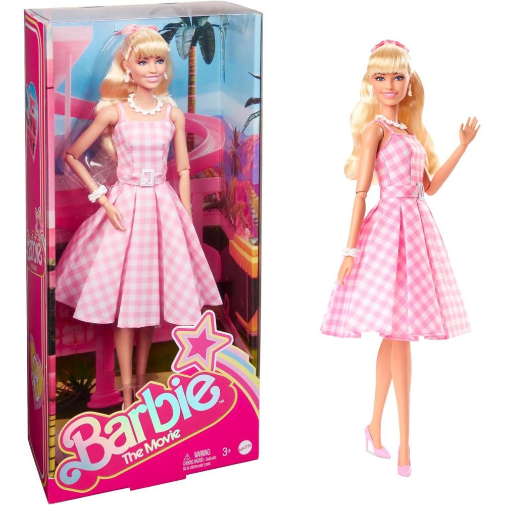 imageBarbie The Movie Doll Margot Robbie as Collectible Doll Wearing Pink and White Gingham Dress with Daisy Chain NecklaceModern