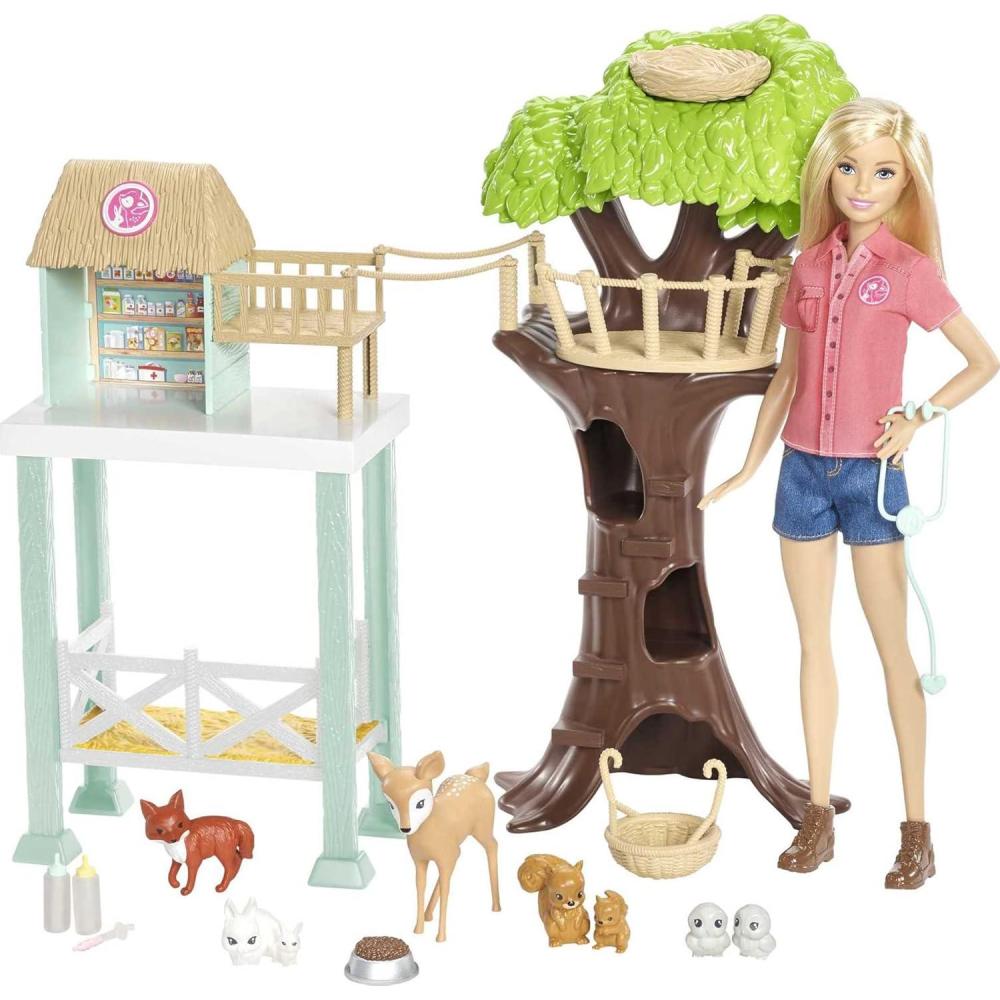 imageBarbie Vet Doll amp Playset Animal Rescuer Theme with 8 Wildlife Figures Treehouse Care Station Rope Bridge amp Accessories