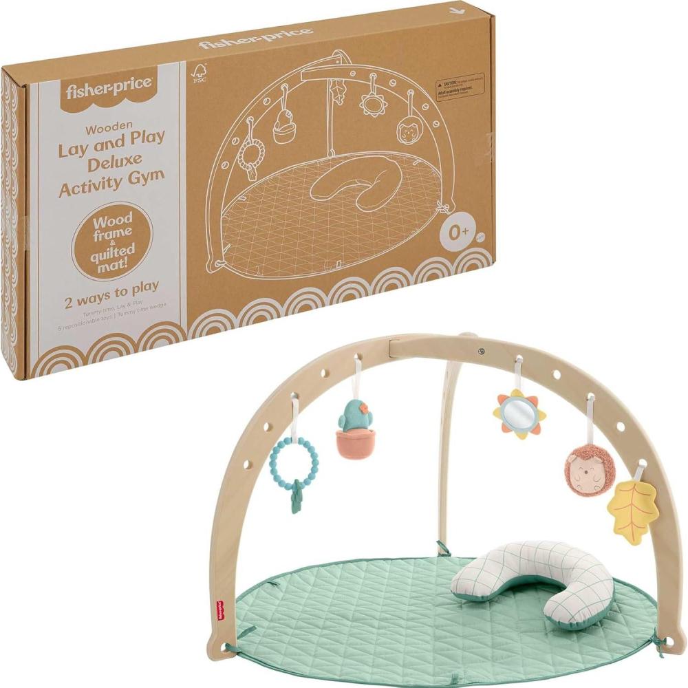 imageFisherPrice Wood Baby Playmat Lay amp Play Deluxe Activity Gym with Wooden Frame amp Tummy Time Sensory Toys for Newborns 0 Months Amazon Exclusive