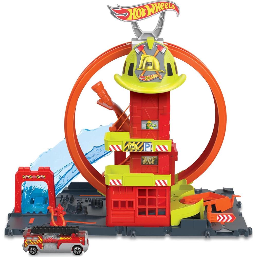 imageHot Wheels City with 1 Toy Car KidPowered Elevator WaterLike Ramp TrackPlay Features Connects to Other Sets Fire Station with Super Loop Amazon ExclusiveFire Station