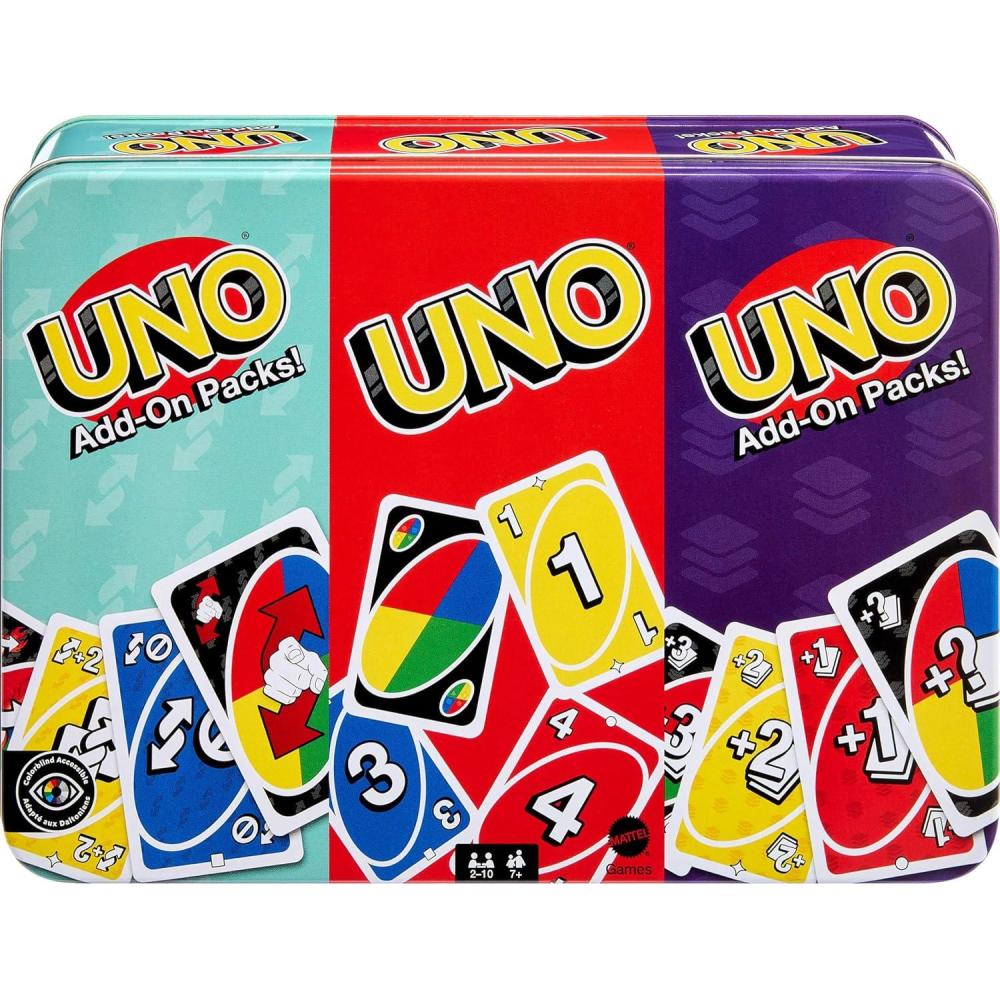 imageMattel Games UNO Card Game with 2 Add On Packs amp Collectible Tin for Kids Adults amp Family Game Night 2 to 10 Players Amazon ExclusiveUNO wAddOn Reverse Stack Packs