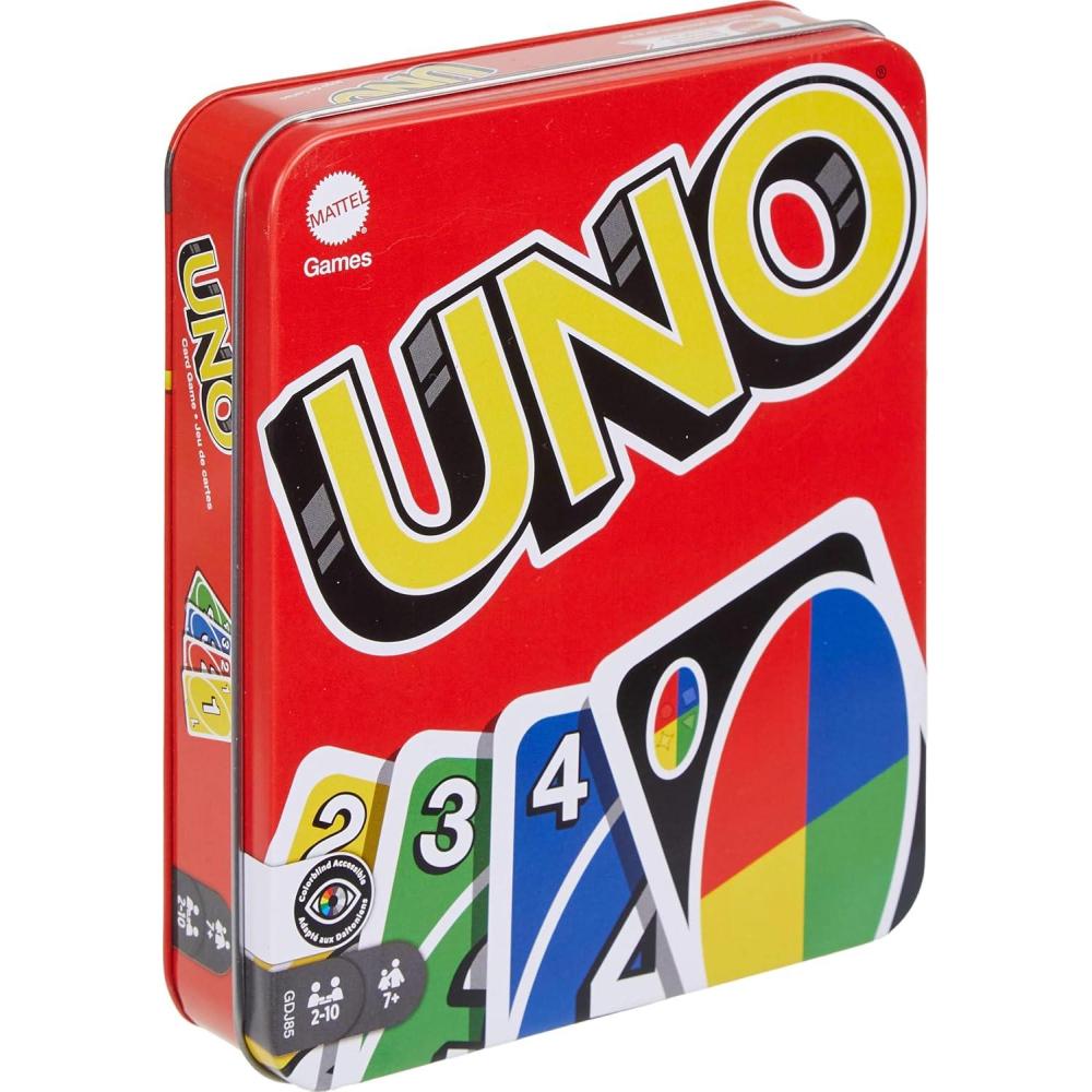 imageMattel Games UNO FLIP Card Game in Storage amp Travel Tin Color Blind Accessible Deck for Kids Adults amp Family Nights amp Parties Amazon ExclusiveTin