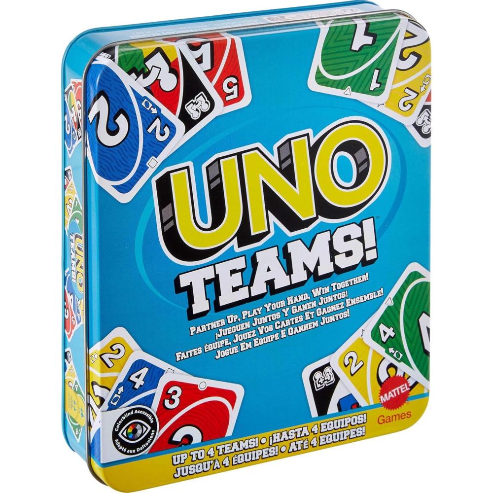 imageMattel Games UNO FLIP Card Game in Storage amp Travel Tin Color Blind Accessible Deck for Kids Adults amp Family Nights amp Parties Amazon ExclusiveUNO Teams