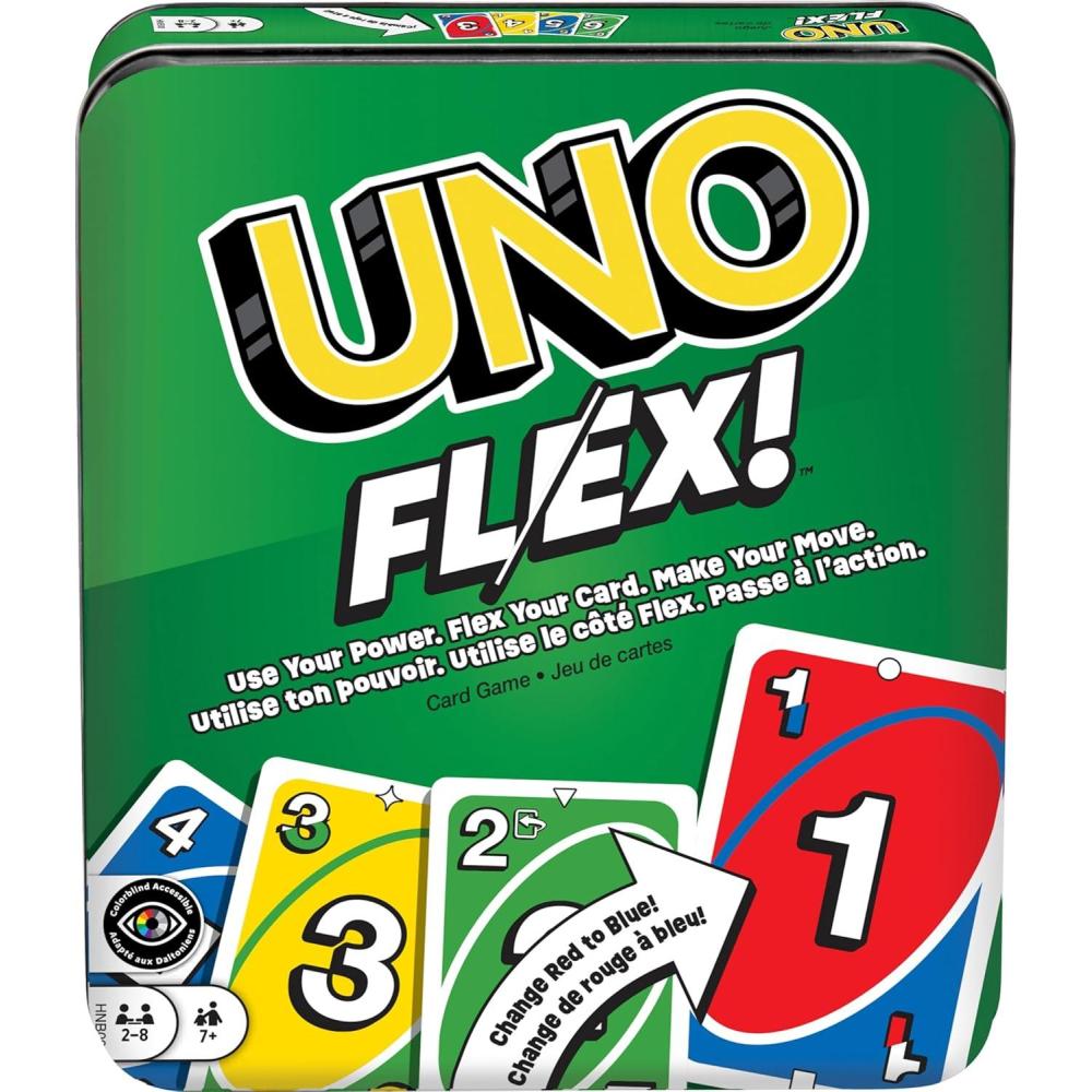 imageMattel Games UNO FLIP Card Game in Storage amp Travel Tin Color Blind Accessible Deck for Kids Adults amp Family Nights amp Parties Amazon ExclusiveUNO Flex