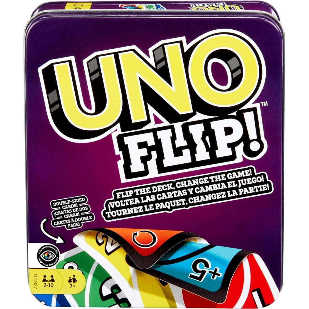 imageMattel Games UNO FLIP Card Game in Storage amp Travel Tin Color Blind Accessible Deck for Kids Adults amp Family Nights amp Parties Amazon ExclusiveUNO Flip