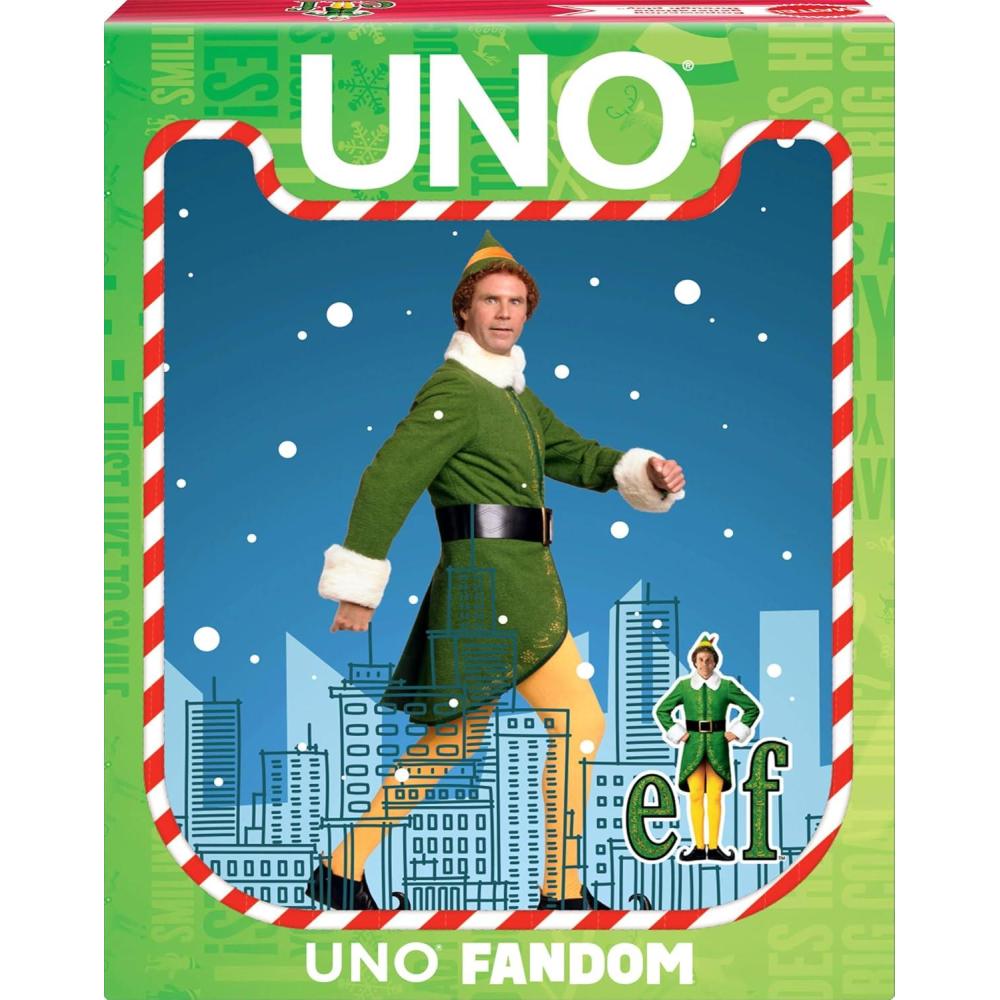 imageMattel Games UNO Fandom Elf Card Game for Kids Adults amp Families Deck Includes Collectible Foil with Images from The Movie