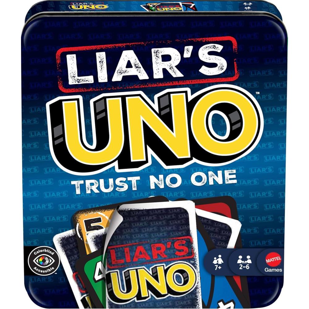 imageMattel Games UNO Show em No Mercy Card Game in Storage amp Travel Tin for Kids Adults amp Family Night with Extra Cards Special Rules amp Tougher Penalties Amazon ExclusiveUNO Liars