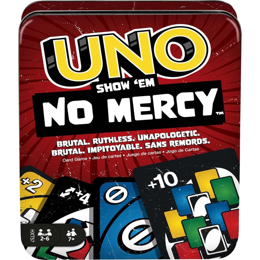 imageMattel Games UNO Show em No Mercy Card Game in Storage amp Travel Tin for Kids Adults amp Family Night with Extra Cards Special Rules amp Tougher Penalties Amazon ExclusiveUNO No Mercy