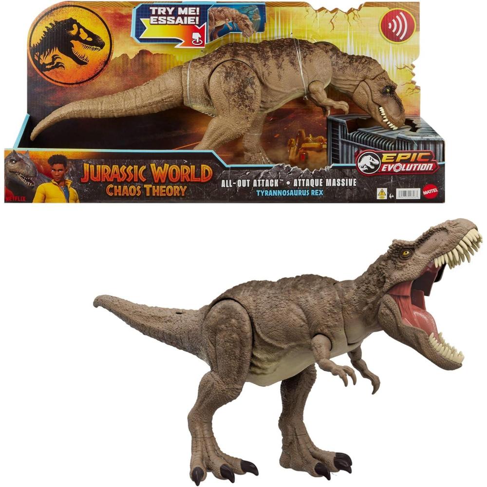 imageMattel Jurassic World T rex Dinosaur Toy with Sound amp Movement AllOut Attack Tyrannosaurus Rex Action Figure with Rampage Attack Plus Digital Play