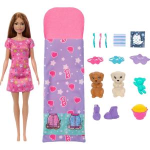 Barbie Doll & Playset with 2 Toy Dog Figures & 10+ Accessories, Puppy Slumber Party with Color-Change Feature, Sleeping Bag, Eye Masks & More