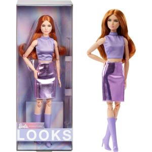 Barbie Looks Doll, Collectible No. 20 with Red Hair & Modern Y2K Fashion, Lavender Top & Faux-Leather Skirt with Knee-High Boots