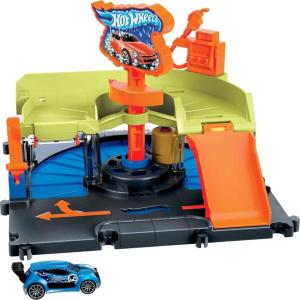 Hot Wheels City Toy Track Set, Downtown Express Car Wash Playset with 1:64 Scale Vehicle, Foam Roller & Drying Flaps
