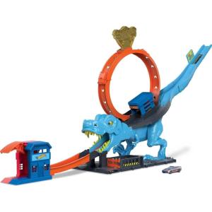 Hot Wheels City Track Set with 1 Toy Car, Race Through a Giant Loop to Defeat a Big Dinosaur, T-Rex Loop Stunt and Race Playset(T-Rex Chomp Down)