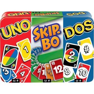 Mattel Games Skip-Bo Card Game in Storage & Travel Tin for Kids, Adults & Families, Color Blind Accessible Deck for 2 to 6 Players(Skip-Bo  UNO  DOS Bundle)