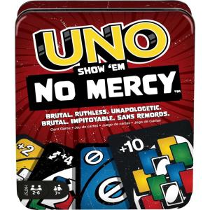 Mattel Games UNO Show ‘em No Mercy Card Game in Storage & Travel Tin for Kids, Adults & Family Night with Extra Cards, Special Rules & Tougher Penalties (Amazon Exclusive)(UNO No Mercy)