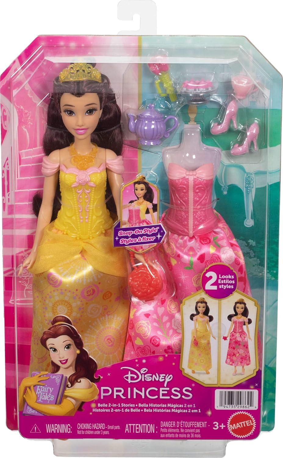 imageMattel Disney Princess Toys Belle Fashion Doll with 2 Looks 9 Accessories 2 SnapOn Bodices amp 2 Skirts 2in1 Stories Inspired by Movie