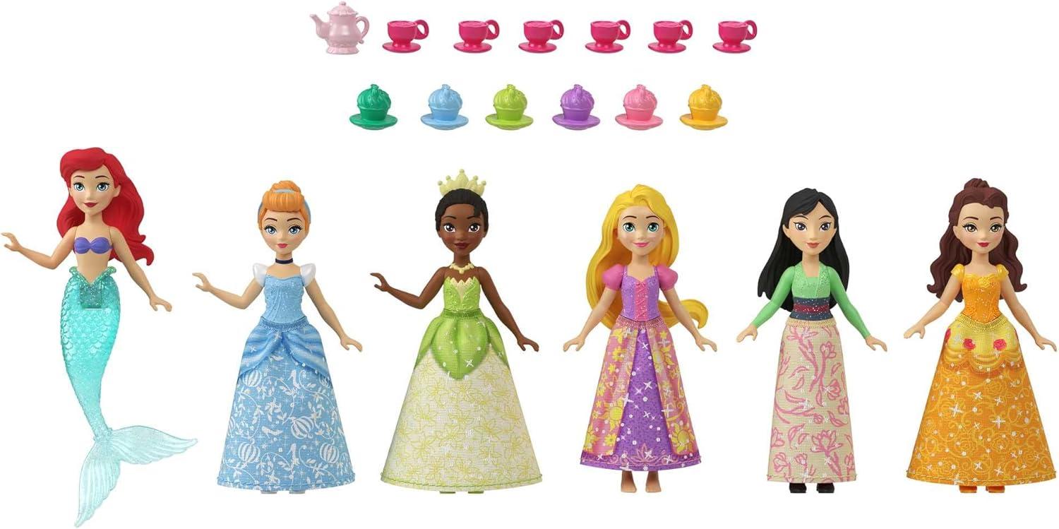 imageMattel Disney Princess Toys Small Doll Party Set with 6 Posable Dolls in Sparkling Clothing amp 13 Tea Time Accessories6 Pack