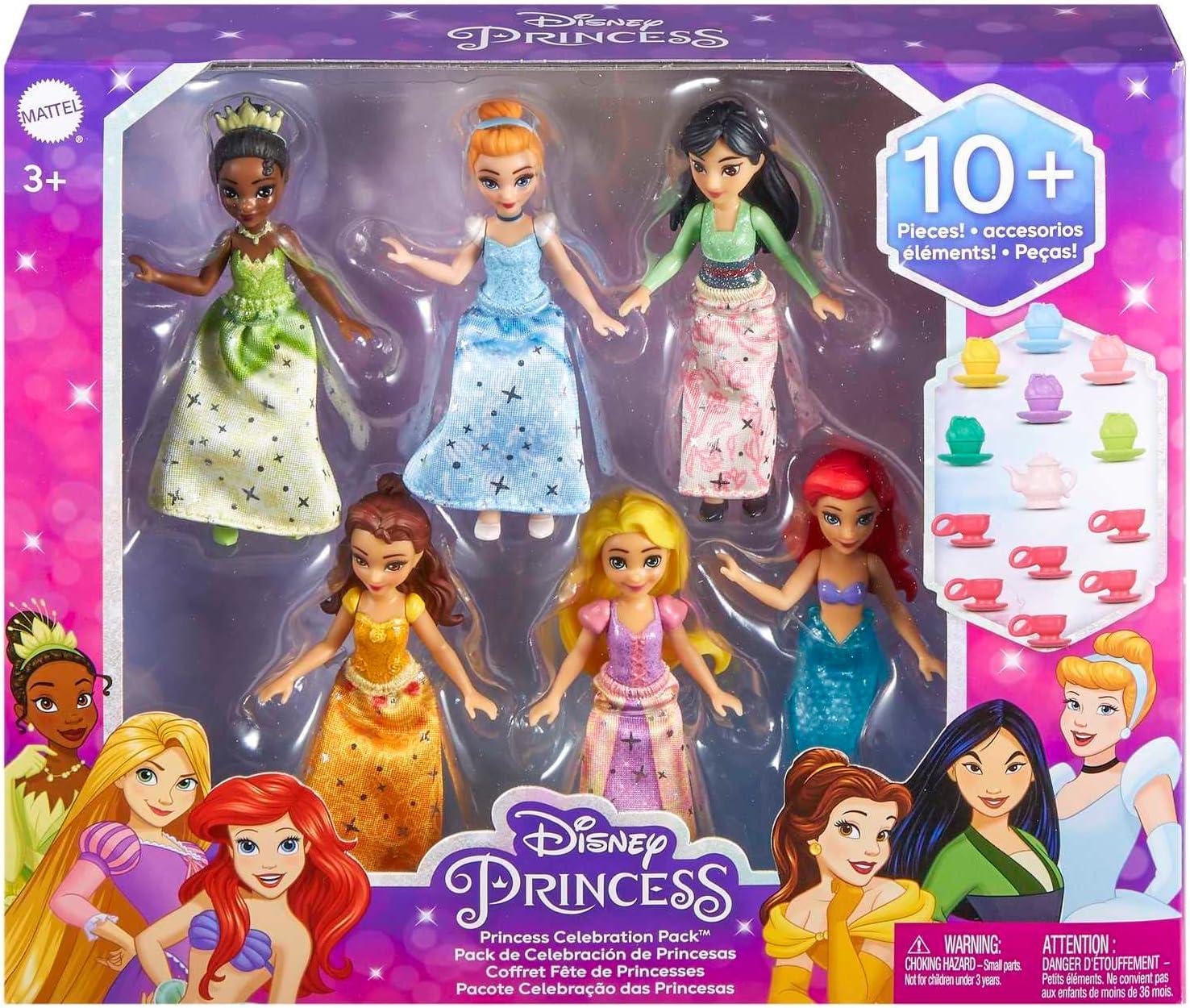 imageMattel Disney Princess Toys Small Doll Party Set with 6 Posable Dolls in Sparkling Clothing amp 13 Tea Time Accessories6 Pack