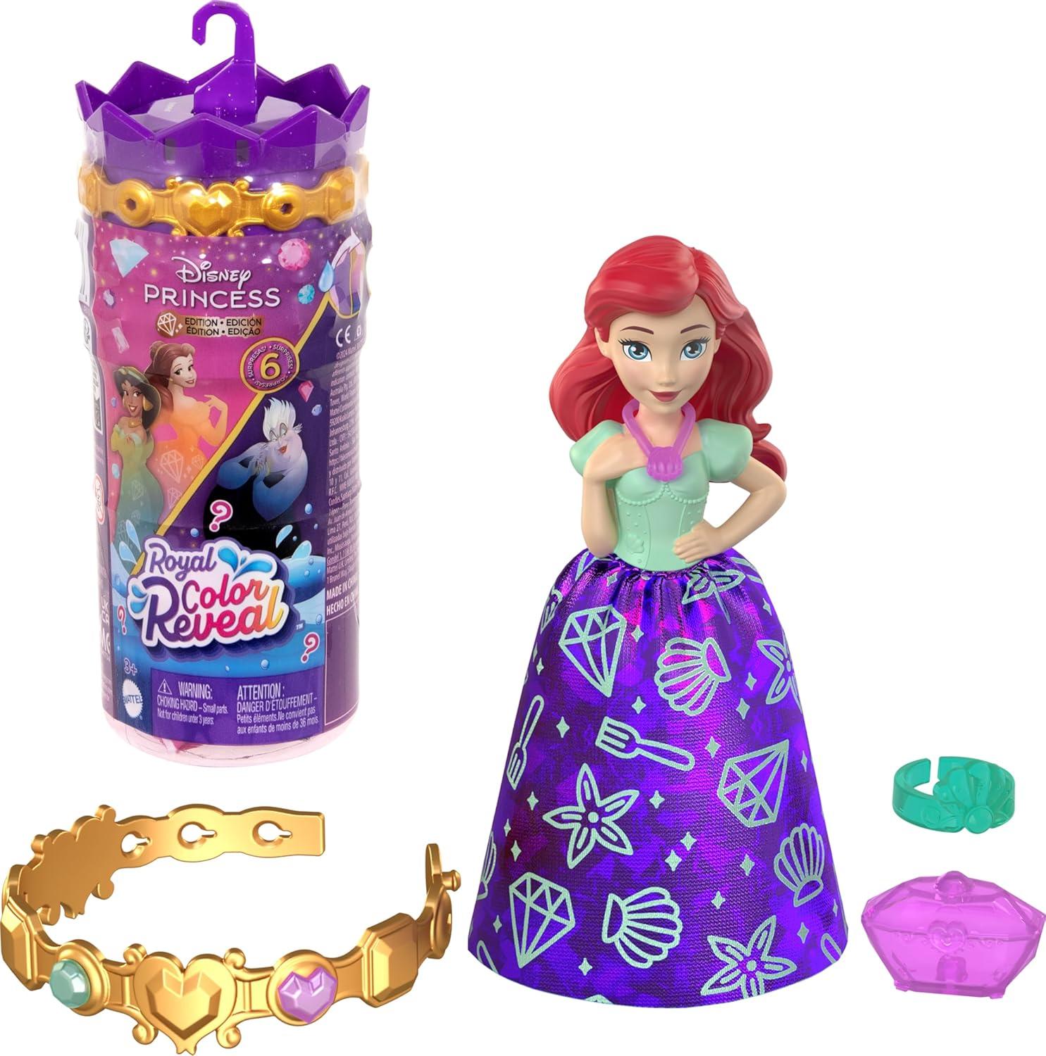 imageMattel Disney Princess Toys Small Doll Surprise Royal Color Reveal 6 Surprises Include Doll Bracelet amp 4 Pieces Princess or Villain Series Dolls May VaryColor Reveal Set 2