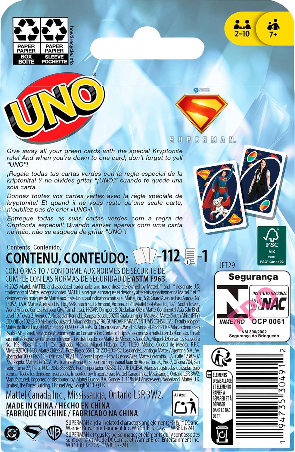 imageMattel Games UNO Superman Card Game for Kids Adults amp Family Nights Parties Travel amp Camping Toy Collectible Inspired by The MovieSuperman