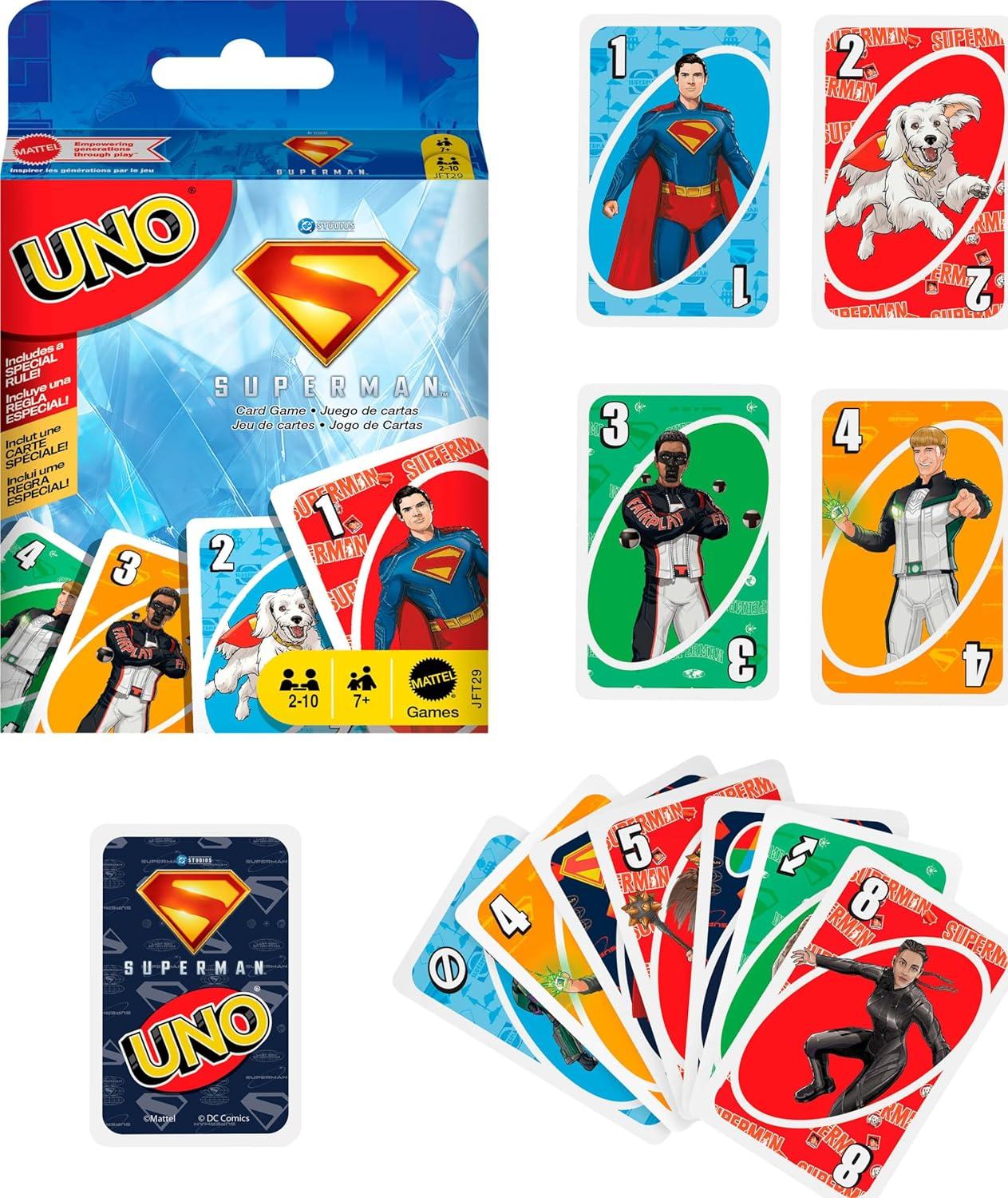 imageMattel Games UNO Superman Card Game for Kids Adults amp Family Nights Parties Travel amp Camping Toy Collectible Inspired by The MovieSuperman