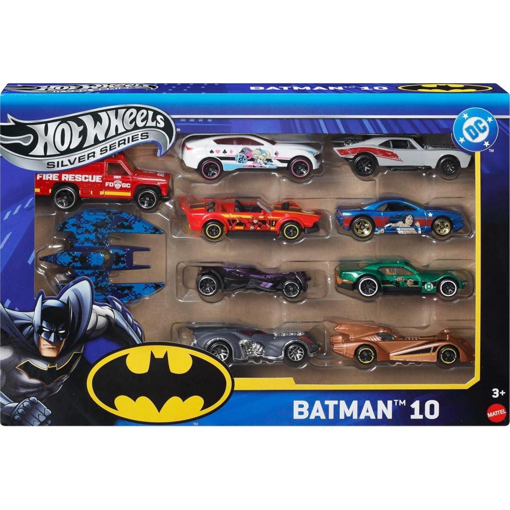imageHot Wheels Toy Cars BatmanThemed 10Pack Set of 10 DieCast Vehicles Including a Batmobile amp a Batplane in 164 Scale Styles May Vary10Pack