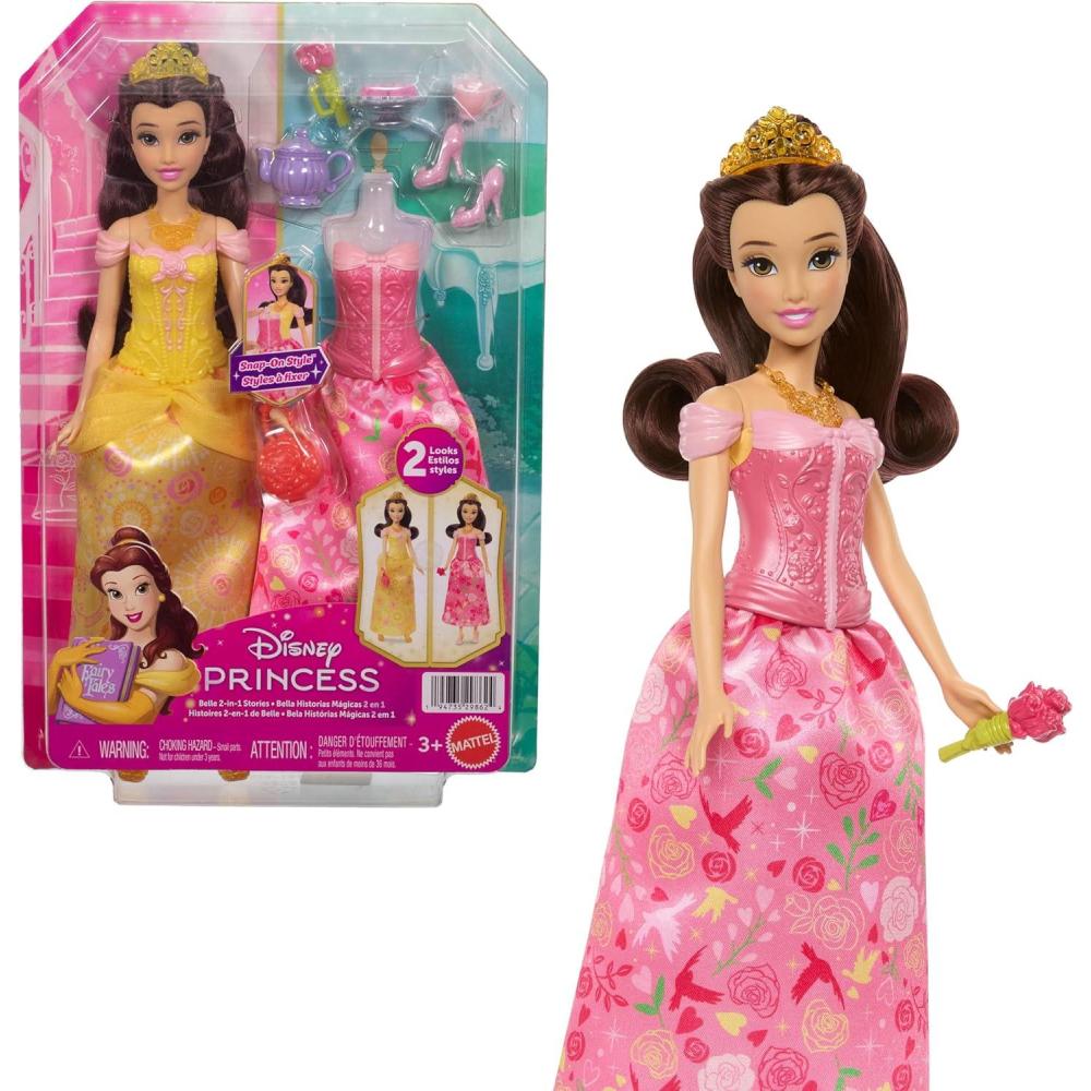 imageMattel Disney Princess Toys Belle Fashion Doll with 2 Looks 9 Accessories 2 SnapOn Bodices amp 2 Skirts 2in1 Stories Inspired by Movie