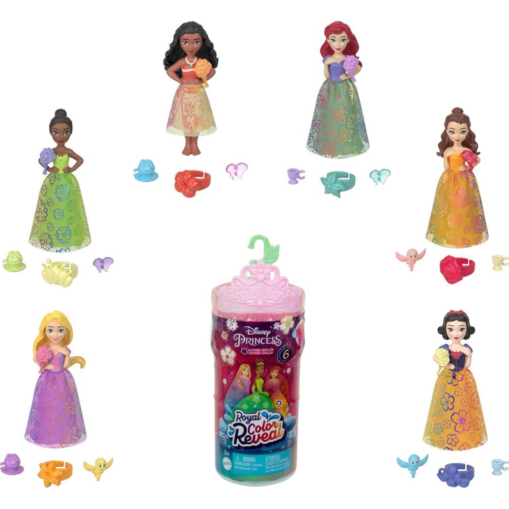imageMattel Disney Princess Toys Small Doll Surprise Royal Color Reveal 6 Surprises Include Doll Bracelet amp 4 Pieces Princess or Villain Series Dolls May VaryColor Reveal Set 1