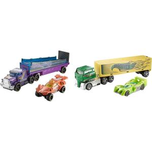 Hot Wheels Toy Car & Truck, Super Rigs 1:64 Scale Race Car & Matching Semi Truck Transporter (Styles May Vary)