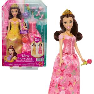 Mattel Disney Princess Toys, Belle Fashion Doll with 2 Looks, 9 Accessories, 2 Snap-On Bodices & 2 Skirts, 2-in-1 Stories Inspired by Movie