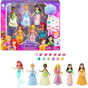 Mattel Disney Princess Toys, Small Doll Party Set with 6 Posable Dolls in Sparkling Clothing & 13 Tea Time Accessories(6 Pack)