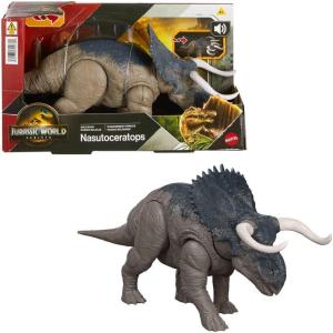 Mattel Jurassic World Dinosaur Toys with Roar Sound & Attack Action, Wild Roar Posable Figure, Physical & Connected Digital Play(Nasutoceratops)
