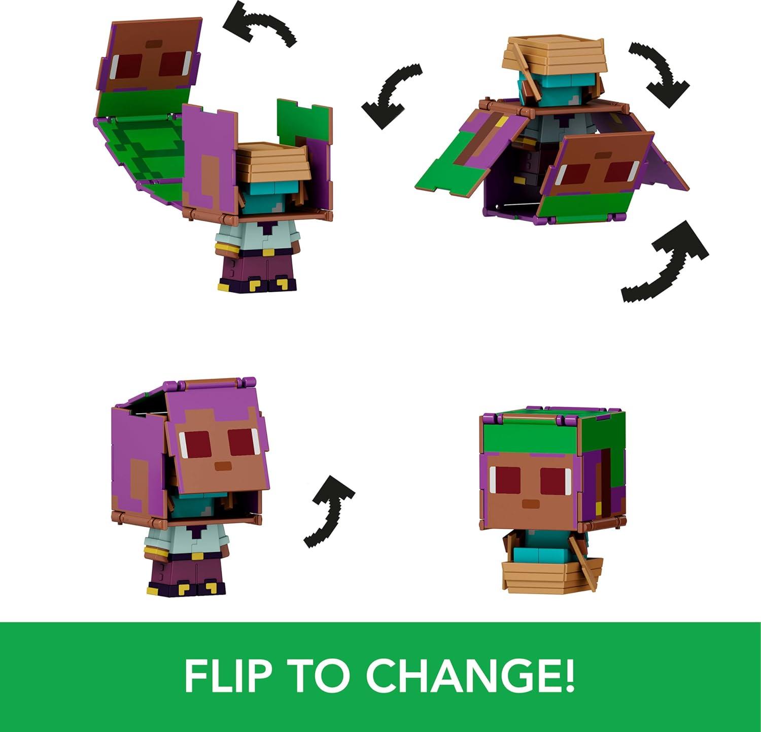 imageMattel Minecraft Flippin Figs 2Pack 2 Action Figures in 375inch Scale with Large Heads amp 2in1 Fidget Play EFESailboat amp DolphinTreasure Chest