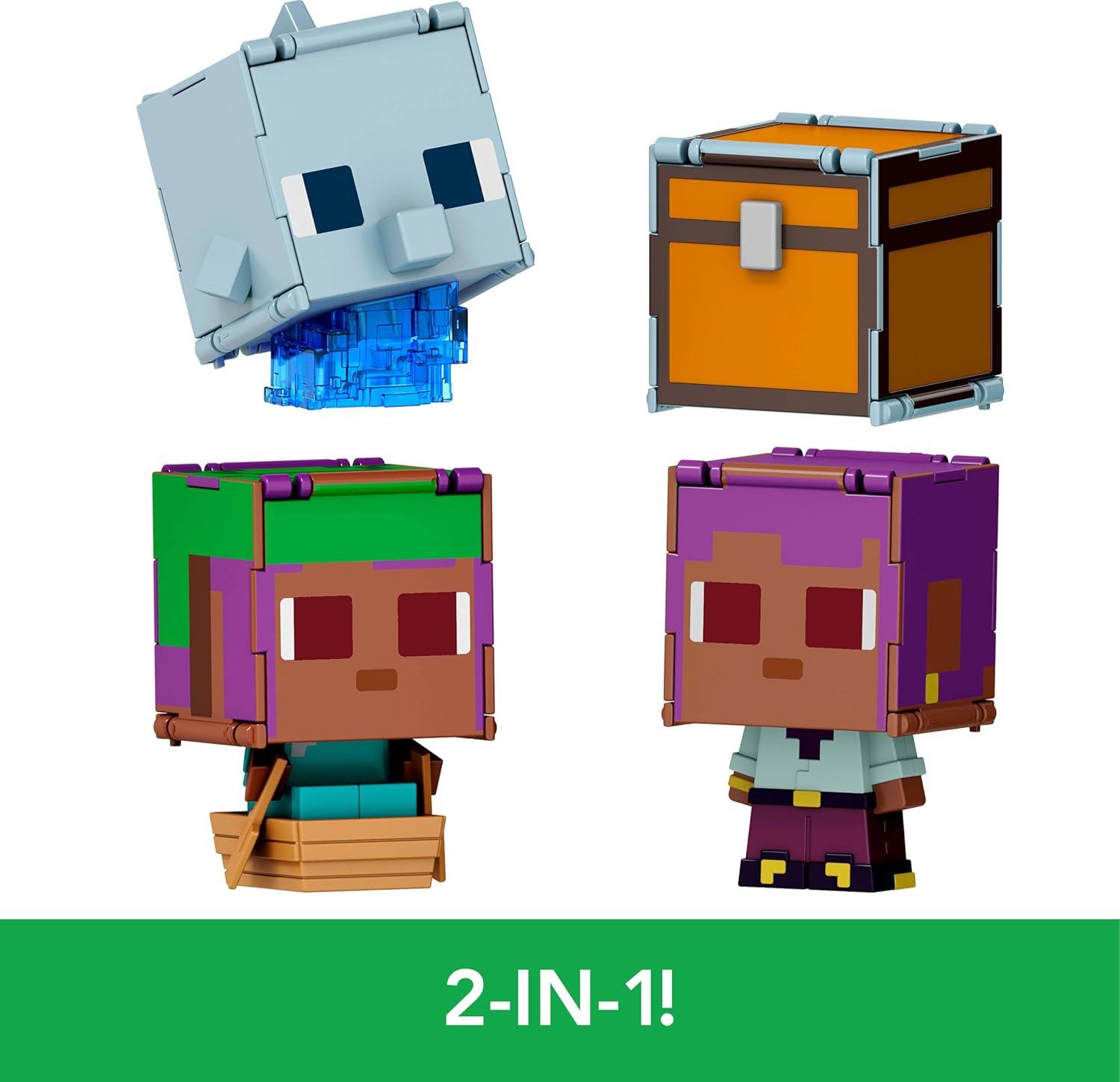 imageMattel Minecraft Flippin Figs 2Pack 2 Action Figures in 375inch Scale with Large Heads amp 2in1 Fidget Play EFESailboat amp DolphinTreasure Chest