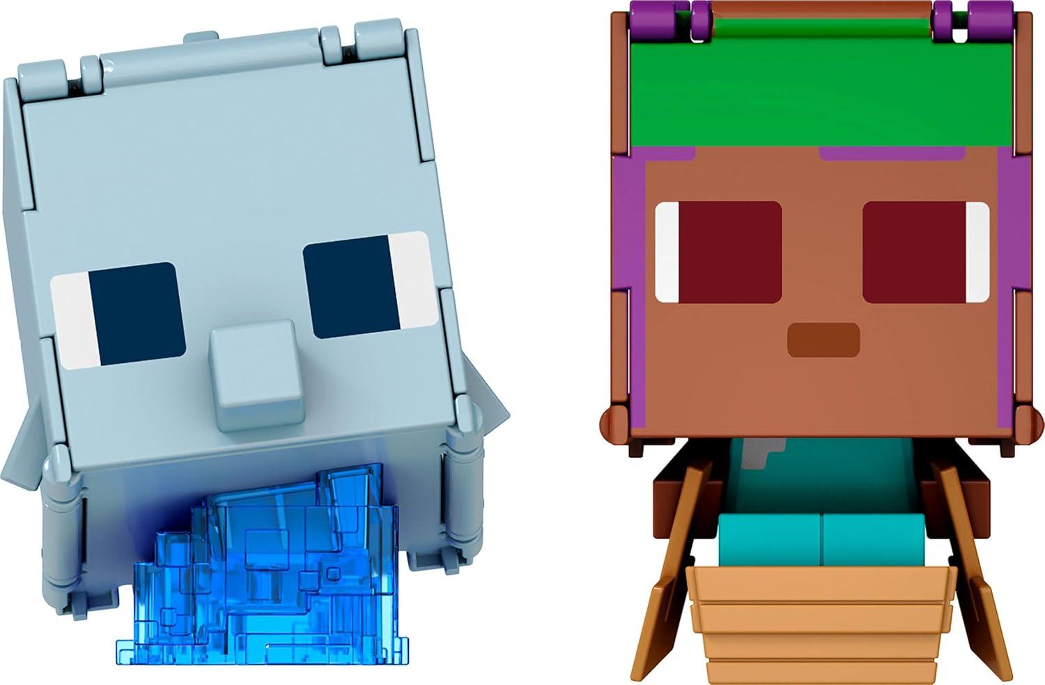 imageMattel Minecraft Flippin Figs 2Pack 2 Action Figures in 375inch Scale with Large Heads amp 2in1 Fidget Play EFESailboat amp DolphinTreasure Chest