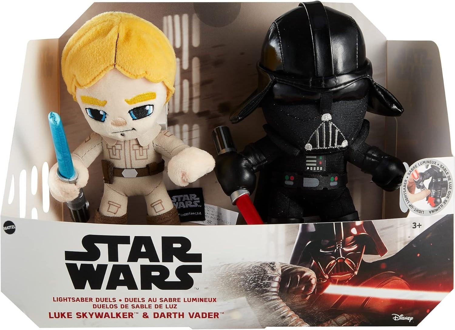 imageMattel Star Wars Plush 6inch Figure 2Pack Luke Skywalker vs Darth Vader Lightsaber Duel Set of 2 Soft Dolls with Lightup Weapons
